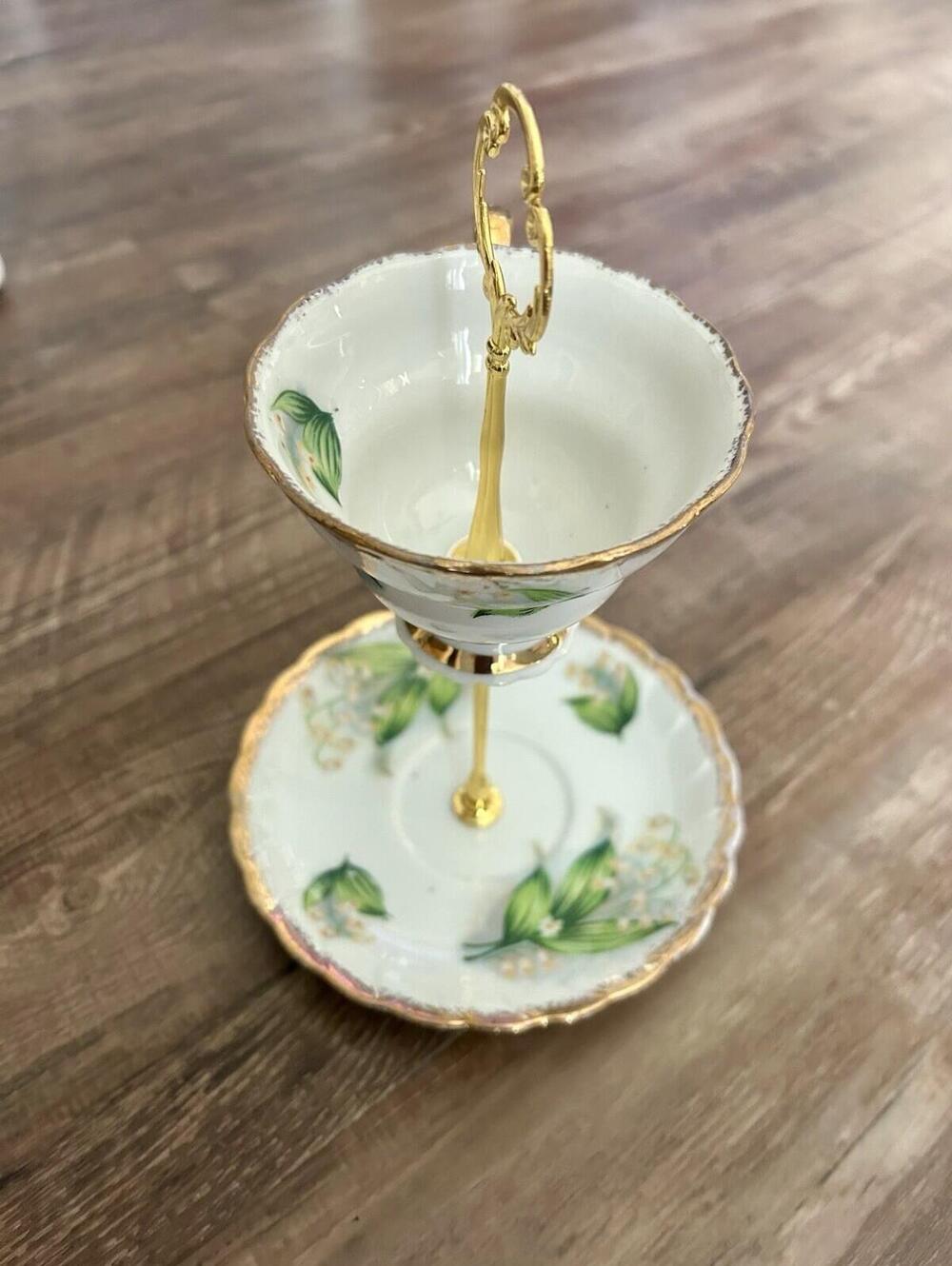 Tiered Teacup and Saucer Vintage, Gold Color, Floral for Jewelry/Display - Picture 4 of 4